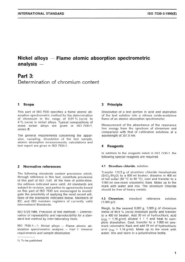 ISO 7530-3:1990 - Nickel alloys -- Flame atomic absorption spectrometric analysis