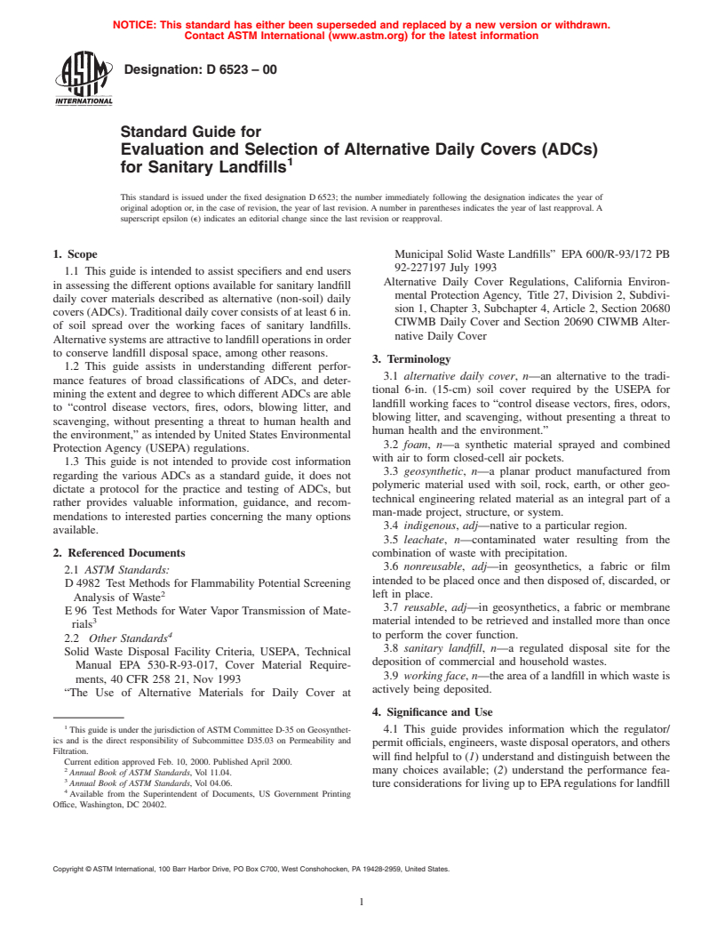 ASTM D6523-00 - Standard Guide for Evaluation and Selection of Alternative Daily Covers (ADCs) for Sanitary Landfills