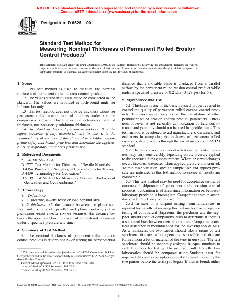 ASTM D6525-00 - Standard Test Method for Measuring Nominal Thickness of Permanent Rolled Erosion Control Products