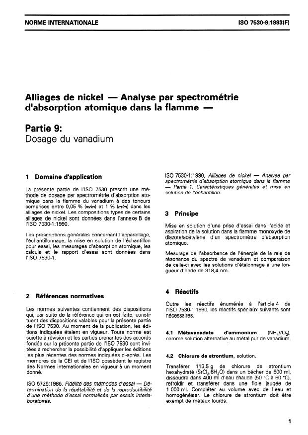 ISO 7530-9:1993 - Alliages de nickel -- Analyse par spectrométrie d'absorption atomique dans la flamme