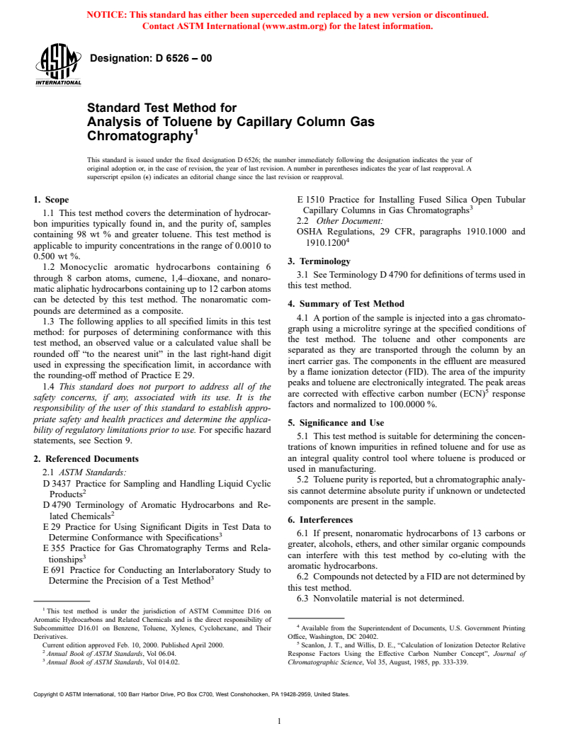 ASTM D6526-00 - Standard Test Method for Analysis of Toluene by Capillary Column Gas Chromatography