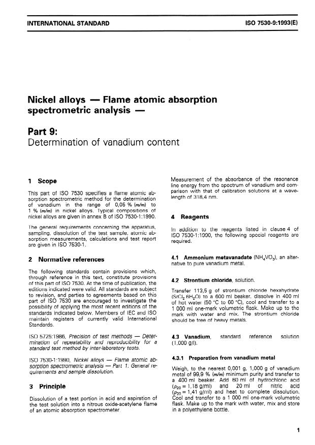 ISO 7530-9:1993 - Nickel alloys -- Flame atomic absorption spectrometric analysis