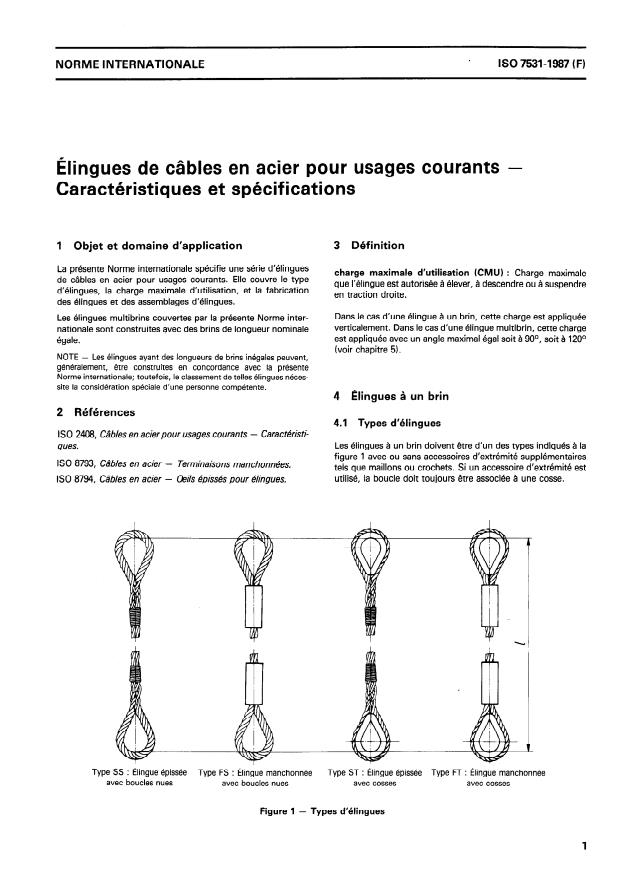 ISO 7531:1987 - Élingues de câbles en acier pour usages courants -- Caractéristiques et spécifications