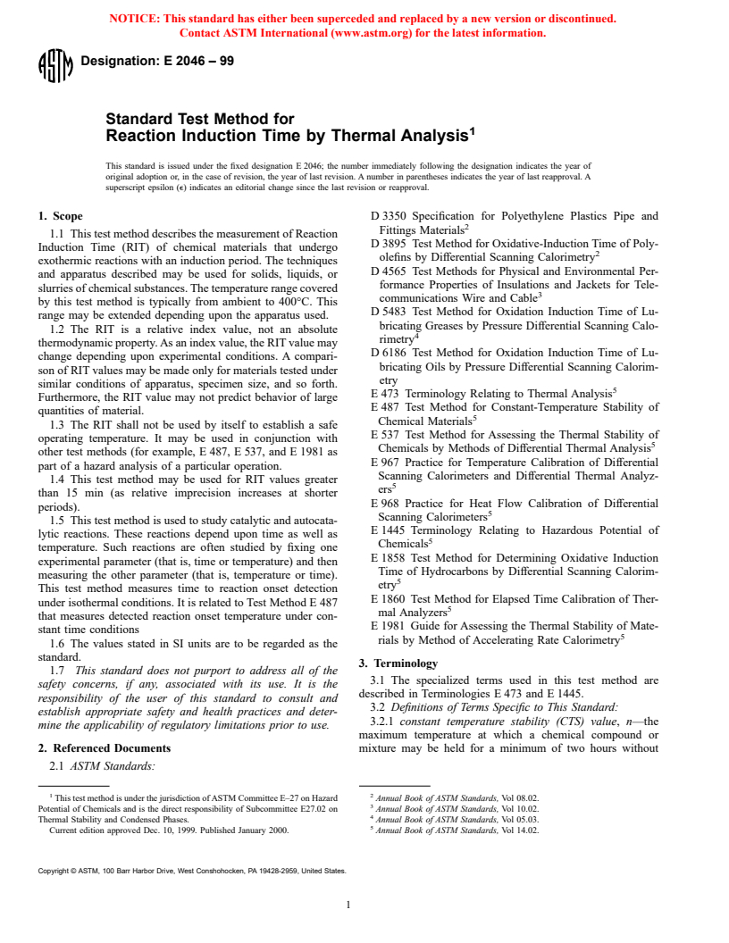 ASTM E2046-99 - Standard Test Method for Reaction Induction Time by Thermal Analysis