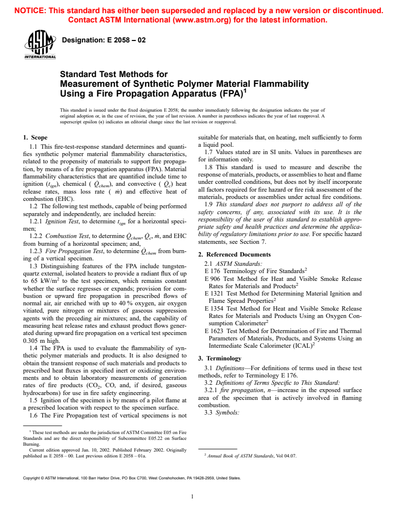 ASTM E2058-02 - Standard Test Methods for Measurement of Synthetic Polymer Material Flammability Using a Fire Propagation Apparatus (FPA)