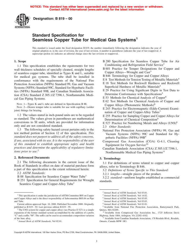 ASTM B819-00 - Standard Specification for Seamless Copper Tube for Medical Gas Systems