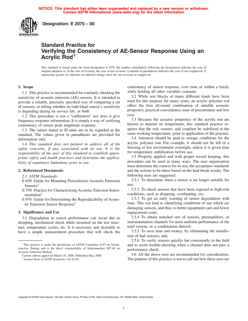 ASTM E2075-00 - Standard Practice for Verifying the Consistency of AE-Sensor Response Using an Acrylic Rod