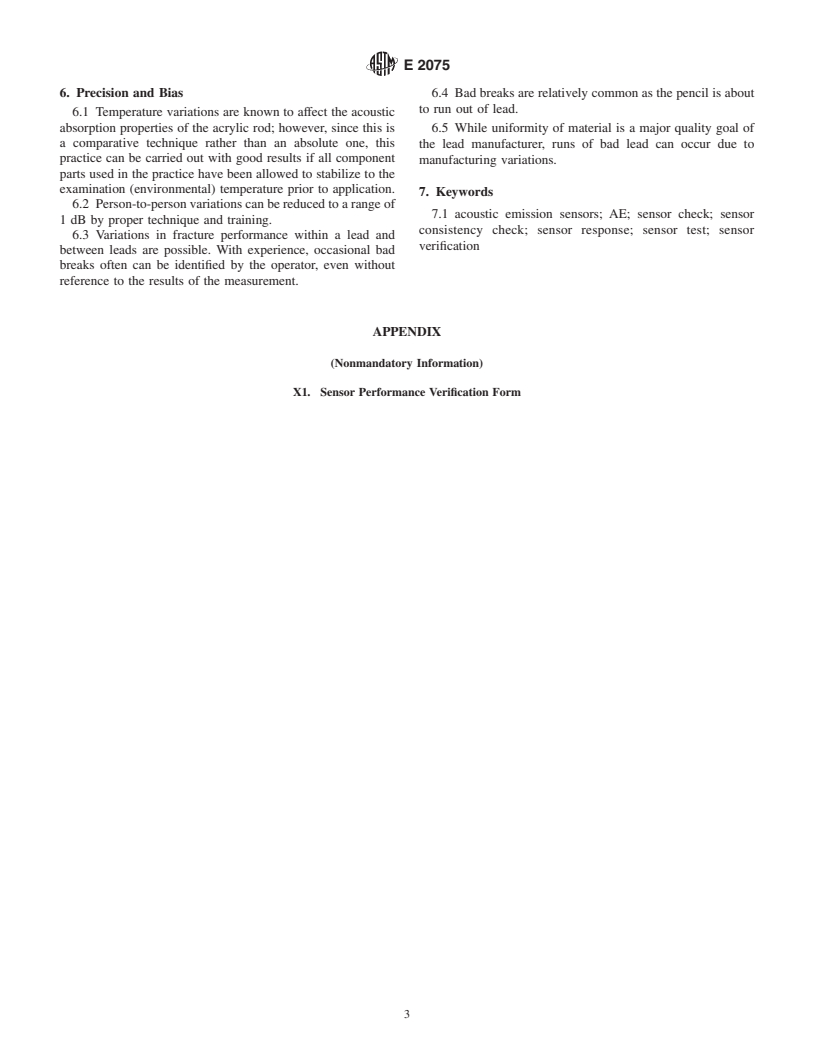 ASTM E2075-00 - Standard Practice for Verifying the Consistency of AE-Sensor Response Using an Acrylic Rod