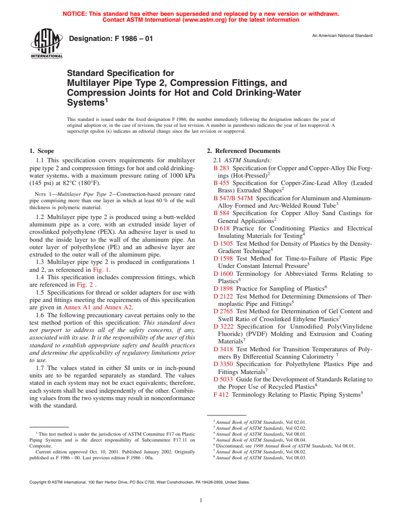 ASTM F1986-01 - Standard Specification for Multilayer Pipe Type 2, Compression Fittings, and Compression Joints for Hot and Cold Drinking-Water Systems