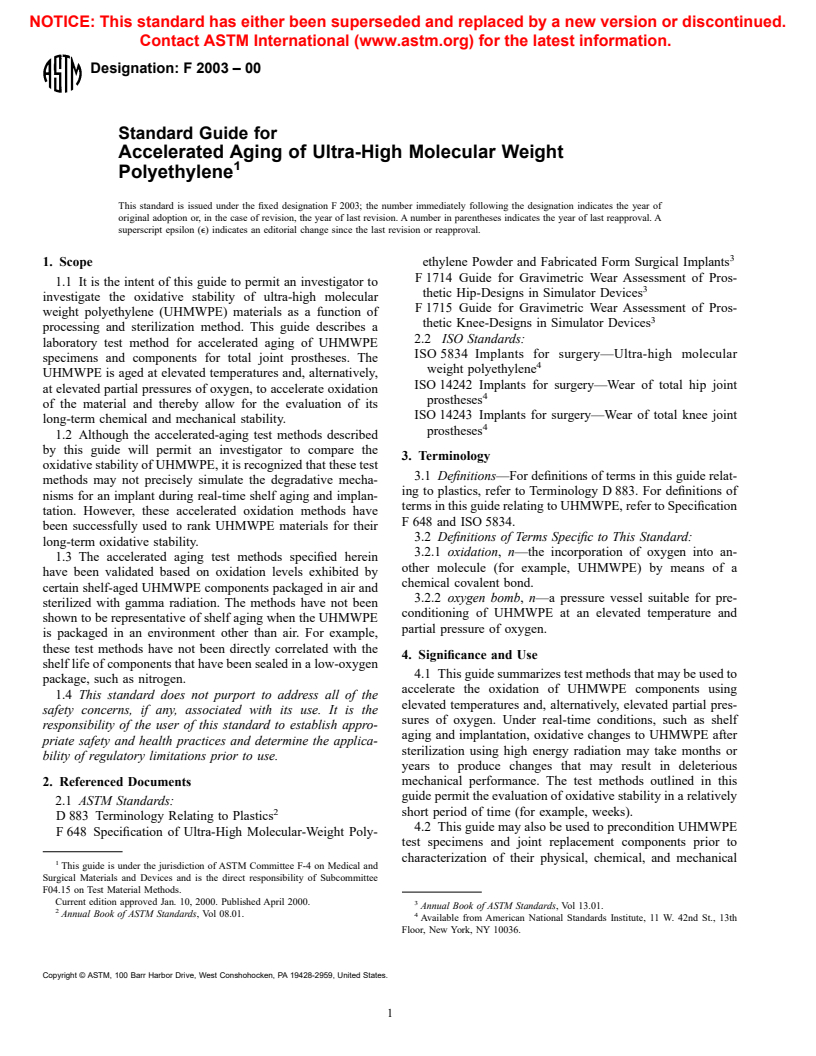 ASTM F2003-00 - Standard Guide for Accelerated Aging of Ultra-High Molecular Weight Polyethylene