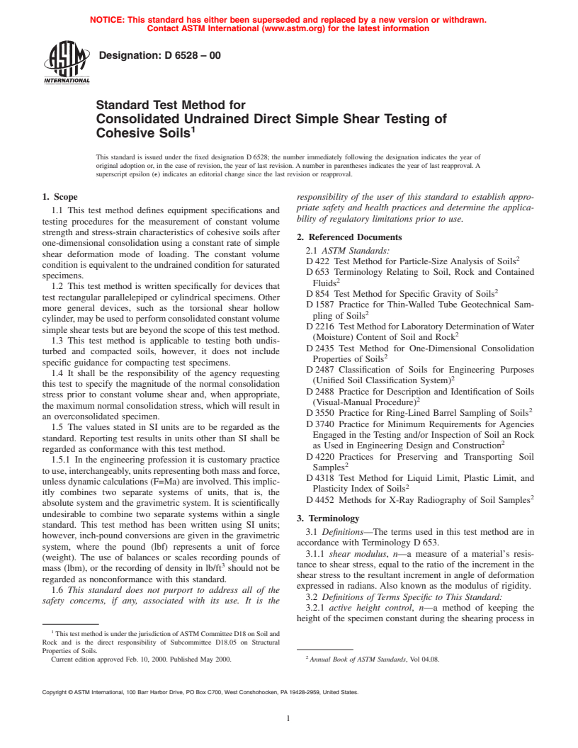 ASTM D6528-00 - Standard Test Method for Consolidated Undrained Direct Simple Shear Testing of Cohesive Soils