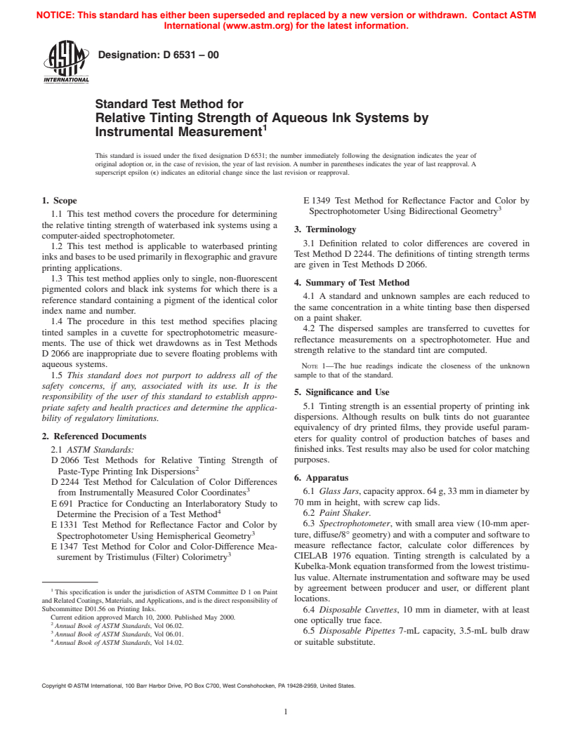 ASTM D6531-00 - Standard Test Method for Relative Tinting Strength of Aqueous Ink Systems by Instrumental Measurement