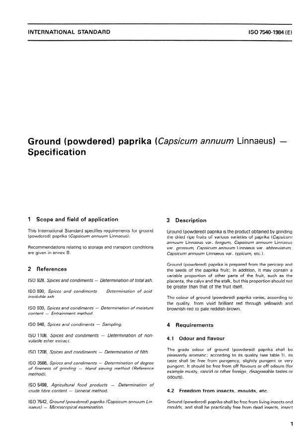 ISO 7540:1984 - Ground (powdered) paprika (Capsicum annuum Linnaeus) -- Specification