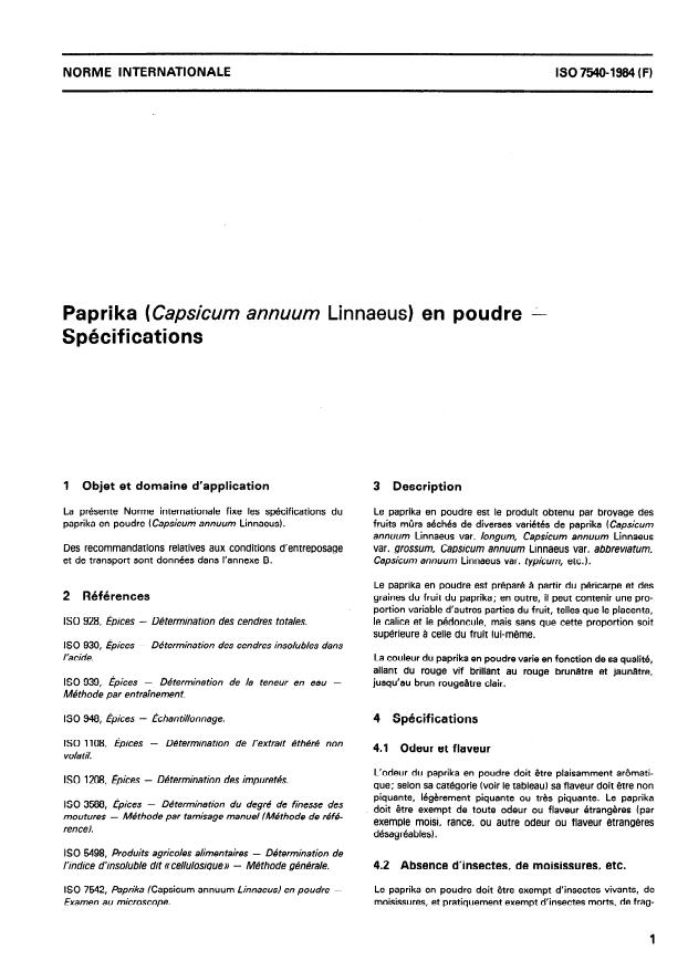 ISO 7540:1984 - Paprika (Capsicum annuum Linnaeus) en poudre -- Spécifications