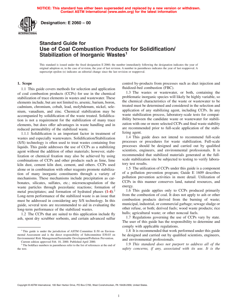 ASTM E2060-00 - Standard Guide for Use of Coal Combustion Products for Solidification/Stabilization of Inorganic Wastes