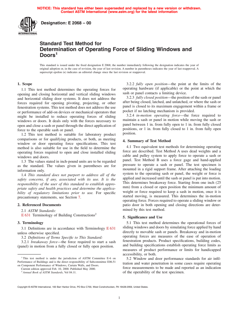 ASTM E2068-00 - Standard Test Method for Determination of Operating Force of Sliding Windows and Doors