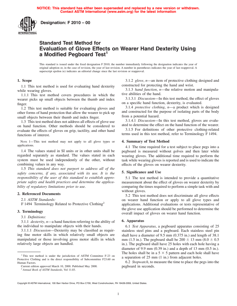 ASTM F2010-00 - Standard Test Method for Evaluation of Glove Effects on Wearer Hand Dexterity Using a Modified Pegboard Test