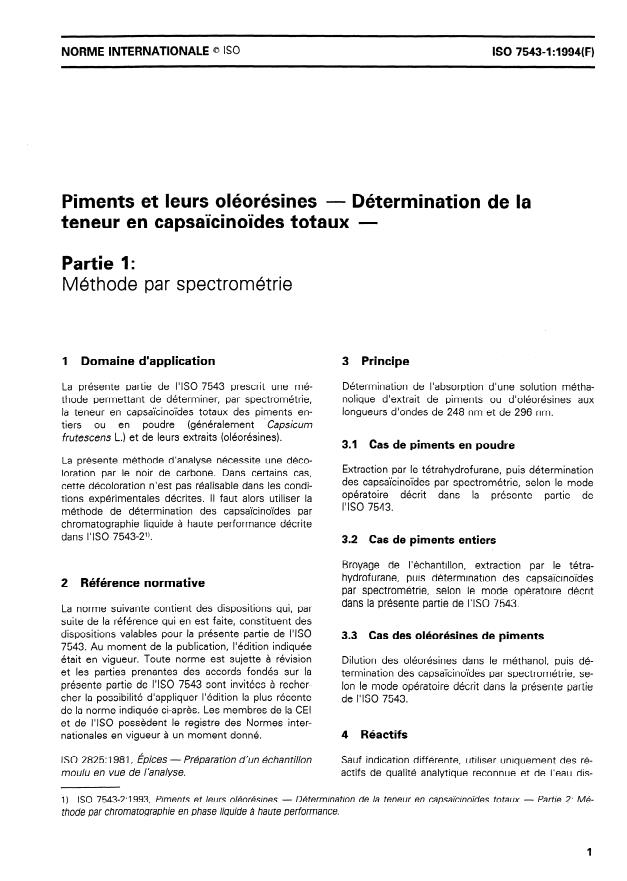ISO 7543-1:1994 - Piments et leurs oléorésines -- Détermination de la teneur en capsaicinoides totaux