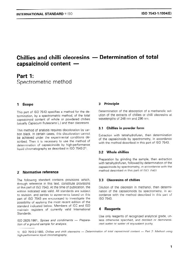 ISO 7543-1:1994 - Chillies and chilli oleoresins -- Determination of total capsaicinoid content