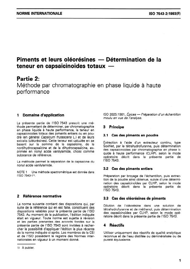 ISO 7543-2:1993 - Piments et leurs oléorésines -- Détermination de la teneur en capsaicinoides totaux