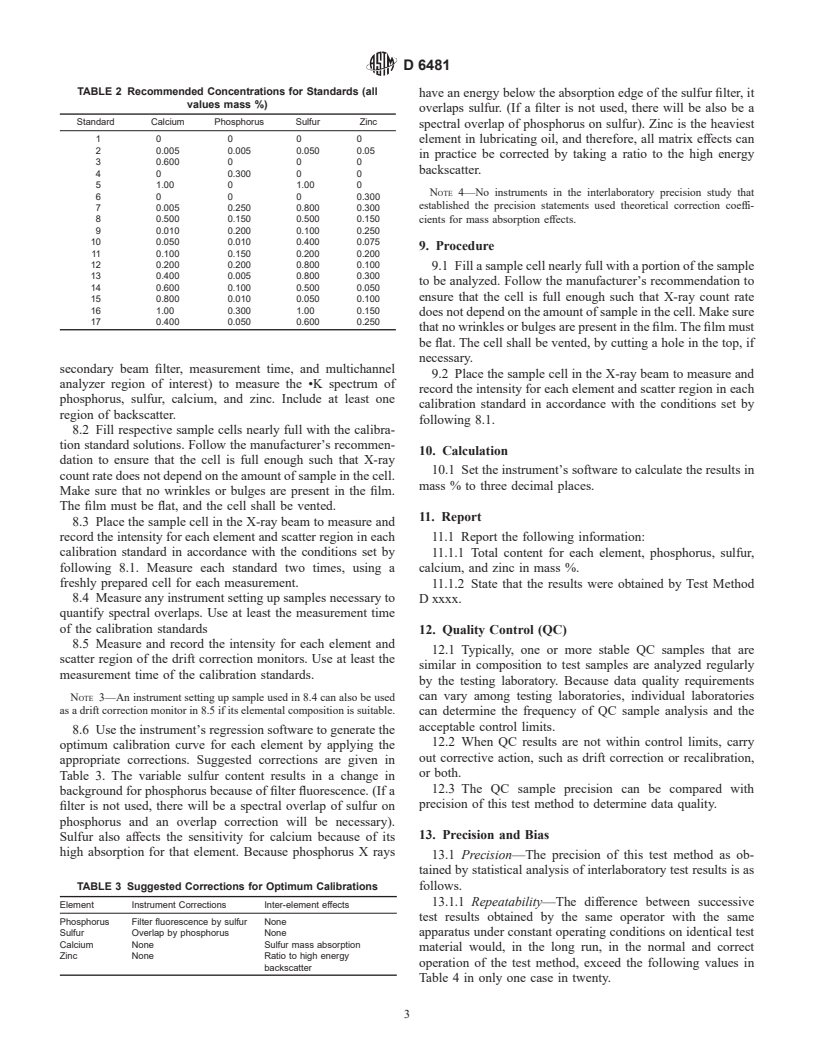 ASTM D6481-99 - Standard Test Method for Determination of Phosphorus, Sulfur, Calcium, and Zinc in Lubrication Oils by Energy Dispersive X-ray Fluorescence Spectroscopy