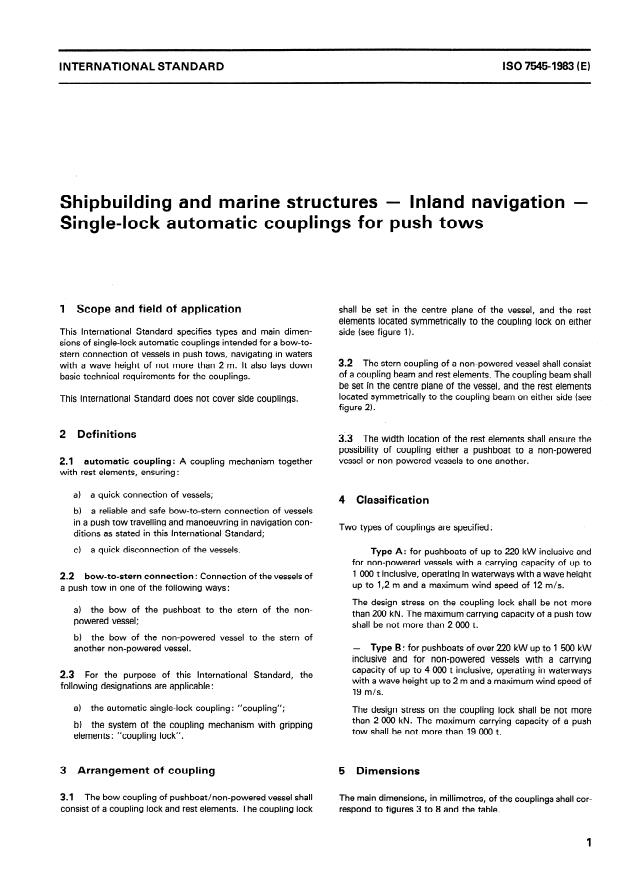 ISO 7545:1983 - Shipbuilding and marine structures -- Inland navigation -- Single-lock automatic couplings for push tows