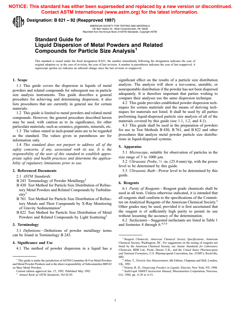 ASTM B821-92(1997) - Standard Guide for Liquid Dispersion of Metal Powders and Related Compounds for Particle Size Analysis