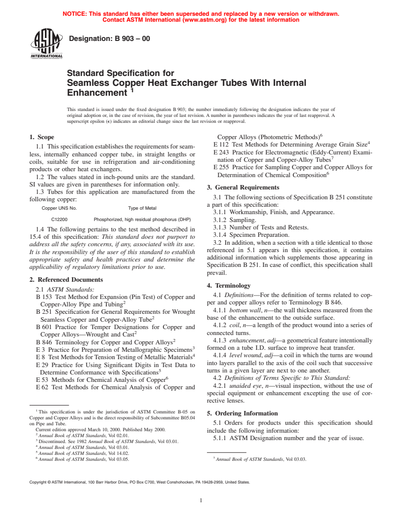 ASTM B903-00 - Standard Specification for Seamless Copper Heat Exchanger Tubes With Internal Enhancement