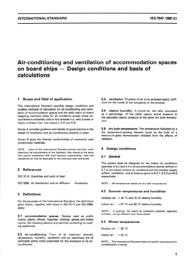 ISO 7547:1985 - Air-conditioning and ventilation of accommodation spaces on board ships -- Design conditions and basis of calculations