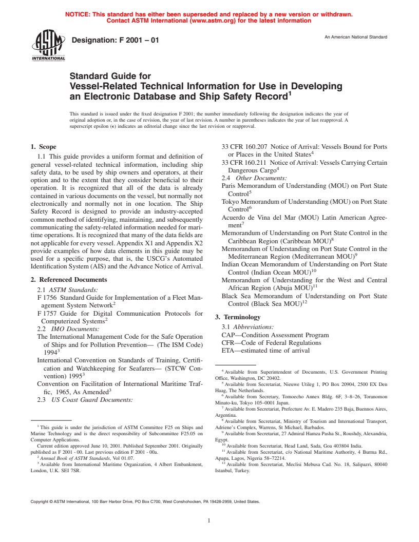 ASTM F2001-01 - Standard Guide for Vessel-Related Technical Information for Use in Developing an Electronic Database and Ship Safety Record