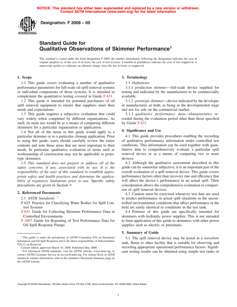 ASTM F2008-00 - Standard Guide for Qualitative Observations of Skimmer Performance