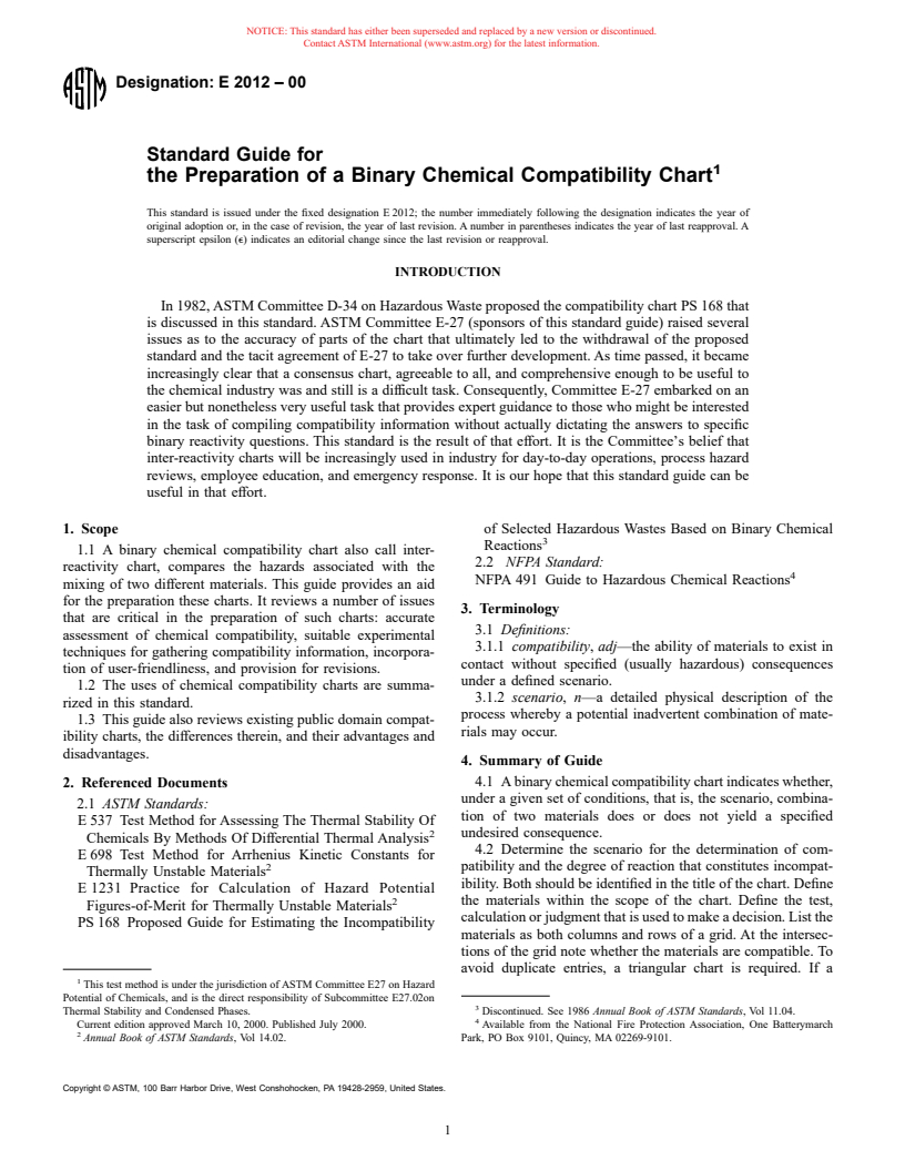 ASTM E2012-00 - Standard Guide for Preparation of Binary Chemical Compatibility Chart