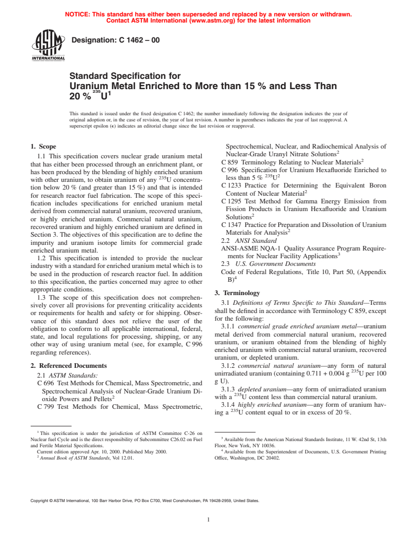 ASTM C1462-00 - Standard Specification for Uranium Metal Enriched to More than 15% and Less Than 20%<sup>235</sup> U