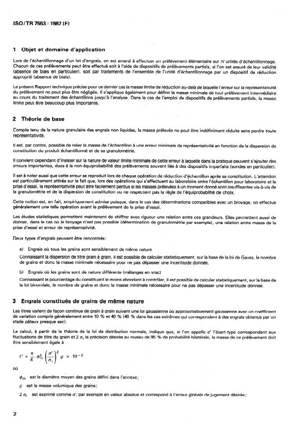 ISO/TR 7553:1987 ISO/TR 7553:1987 - Engrais -- Échantillonnage -- Masse minimale du prélevement en cas de traitement de la totalité de l'unité d'échantillonnage a prélever - Page 2 preview