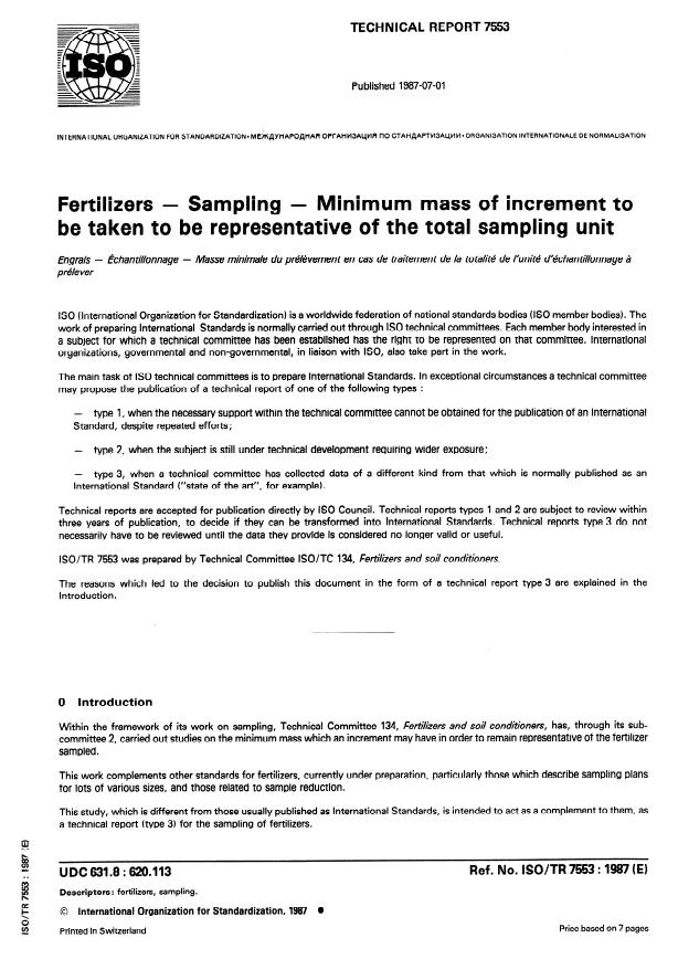ISO/TR 7553:1987 - Fertilizers -- Sampling -- Minimum mass of increment to be taken to be representative of the total sampling unit