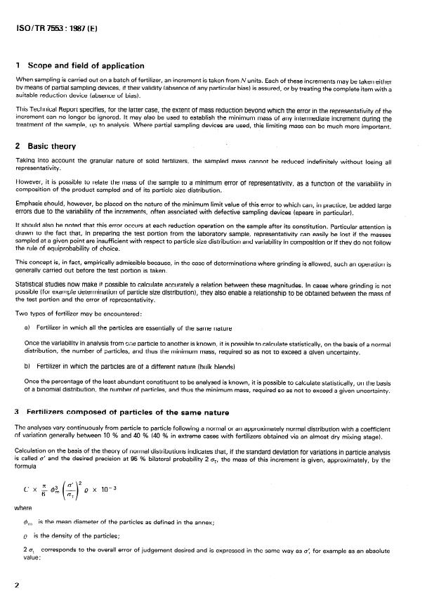 ISO/TR 7553:1987 ISO/TR 7553:1987 - Fertilizers -- Sampling -- Minimum mass of increment to be taken to be representative of the total sampling unit - Page 2 preview
