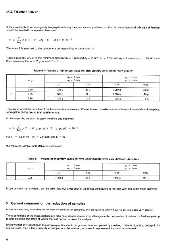ISO/TR 7553:1987 ISO/TR 7553:1987 - Fertilizers -- Sampling -- Minimum mass of increment to be taken to be representative of the total sampling unit - Page 4 preview