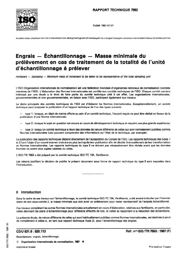 ISO/TR 7553:1987 - Engrais -- Échantillonnage -- Masse minimale du prélevement en cas de traitement de la totalité de l'unité d'échantillonnage a prélever