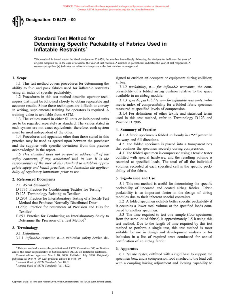 ASTM D6478-00 - Standard Test Method for Determining Specific Packability of Fabrics Used in Inflatable Restraints