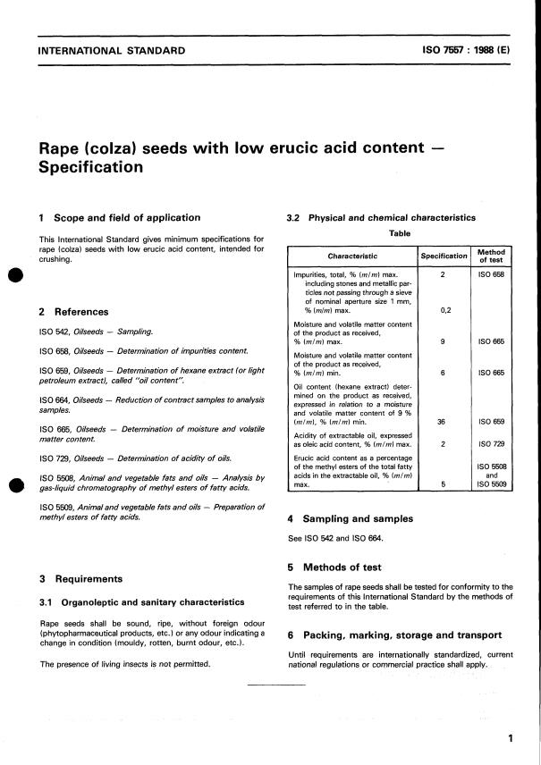 ISO 7557:1988 - Rape (colza) seeds with low erucic acid content -- Specification