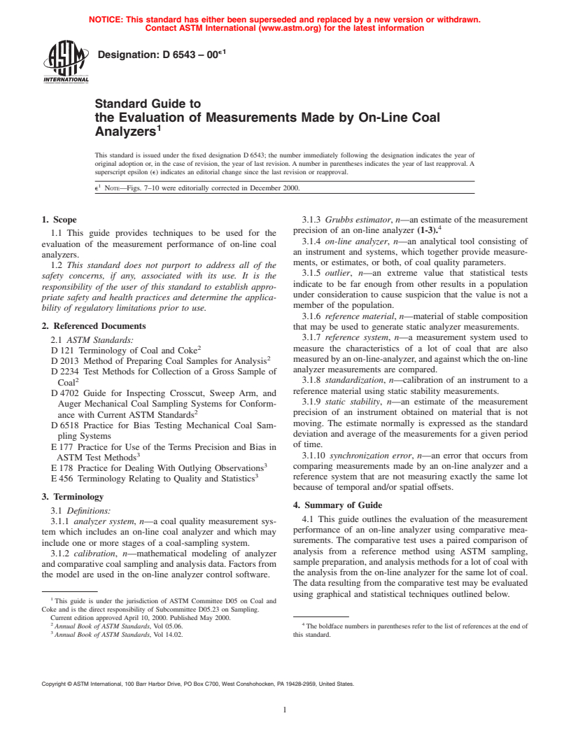 ASTM D6543-00e1 - Standard Guide to the Evaluation of Measurements Made by On-Line Coal Analyzers