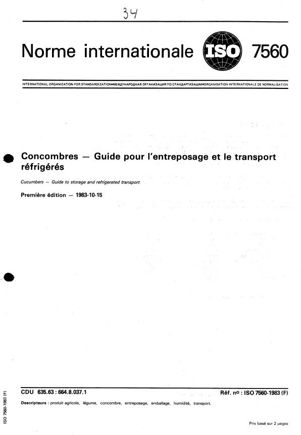 ISO 7560:1983 - Concombres -- Guide pour l'entreposage et le transport réfrigérés