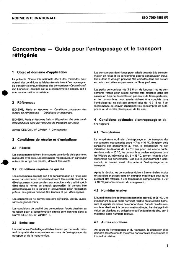 ISO 7560:1983 - Concombres -- Guide pour l'entreposage et le transport réfrigérés