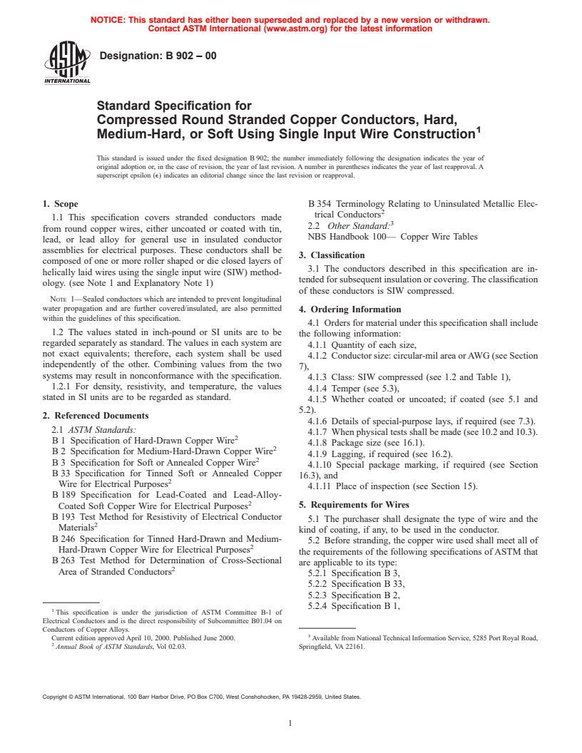 ASTM B902-00 - Standard Specification for Compressed Round Stranded Copper Conductors, Hard, Medium-Hard, or Soft Using Single Input Wire Construction