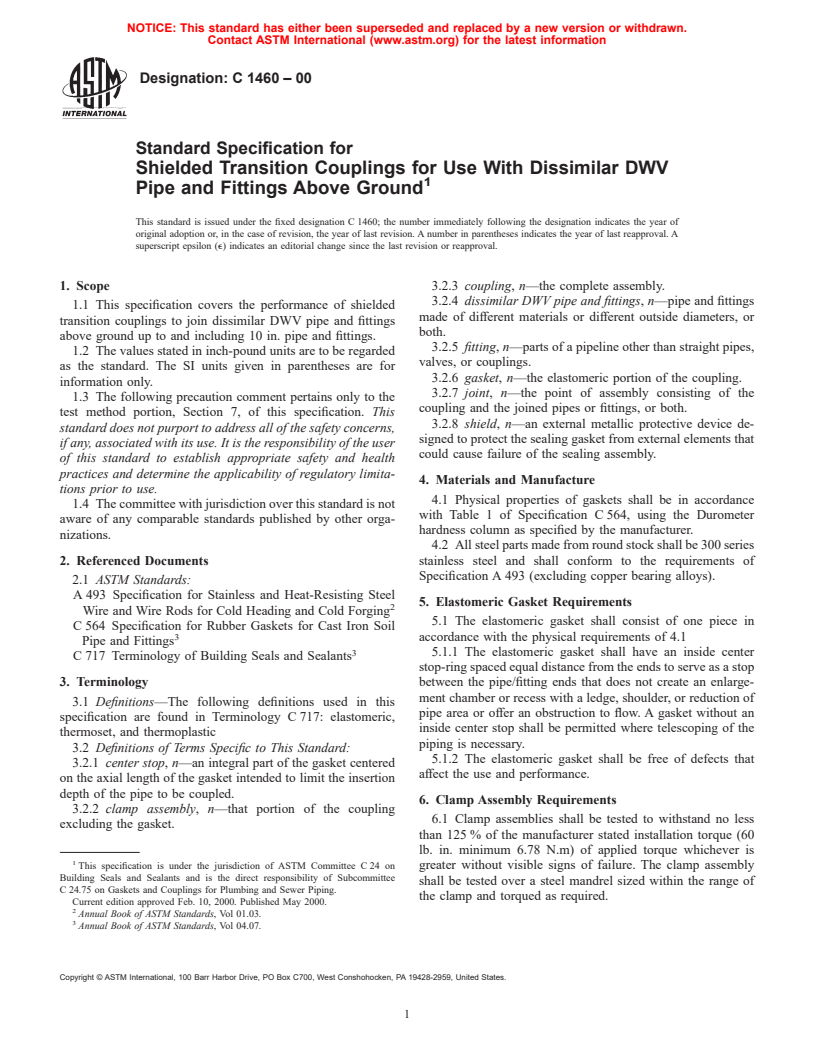 ASTM C1460-00 - Standard Specification for Shielded Transition Couplings for Use With Dissimilar DWV Pipe and Fittings Above Ground