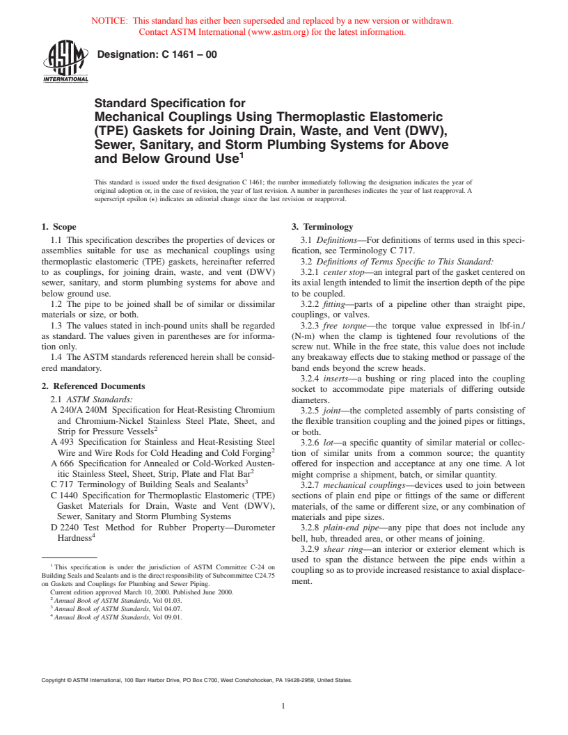 ASTM C1461-00 - Standard Specification for Mechanical Couplings Using Thermoplastic Elastomeric (TPE) Gaskets for Joining Drain, Waste, and Vent (DWV), Sewer, Sanitary, and Storm Plumbing Systems for Above and Below Ground Use