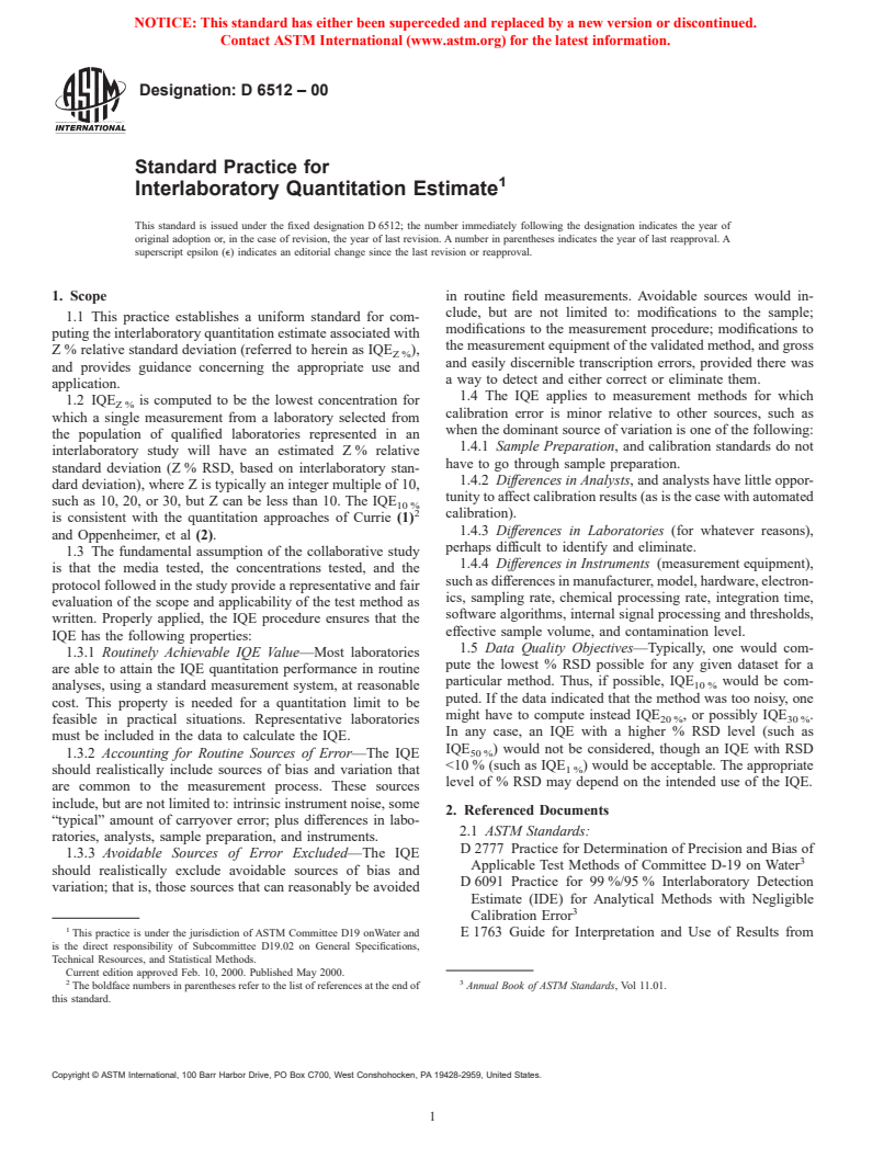 ASTM D6512-00 - Standard Practice for Interlaboratory Quantitation Estimate