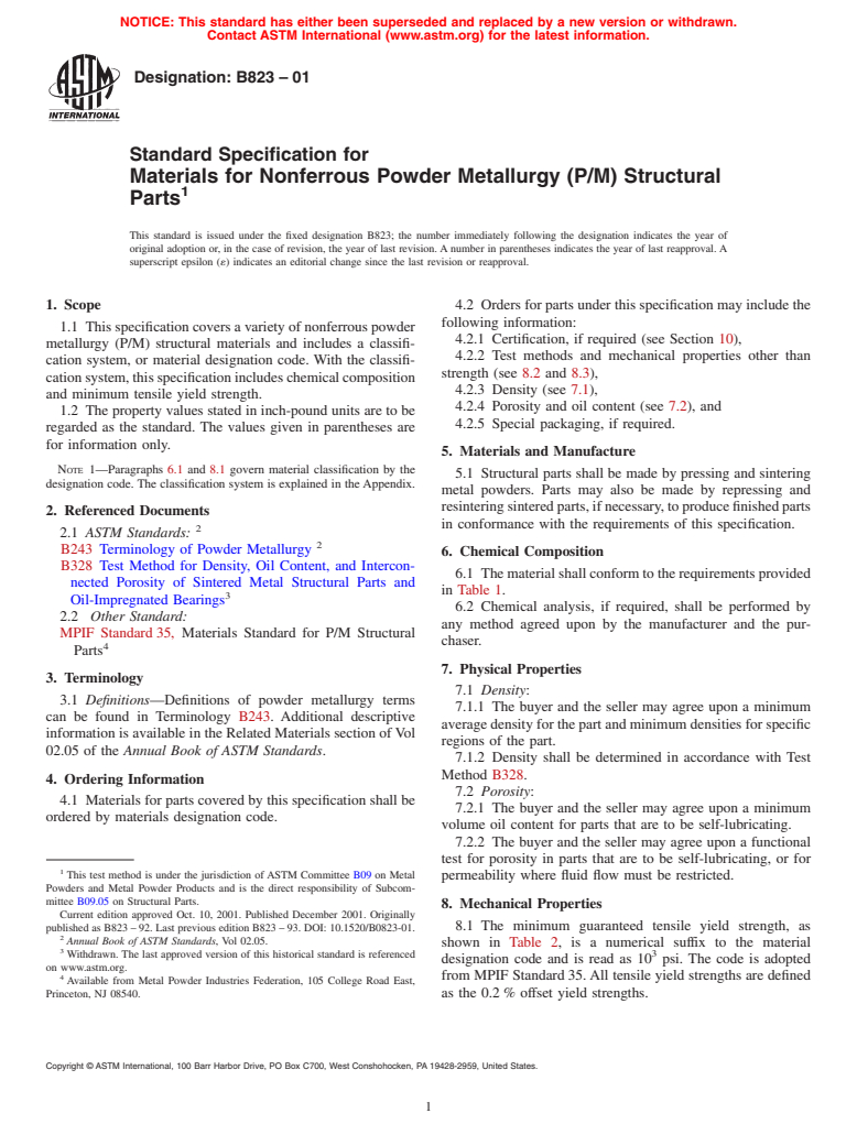 ASTM B823-01 - Standard Specification for Materials for Nonferrous Powder Metallurgy (P/M) Structural Parts