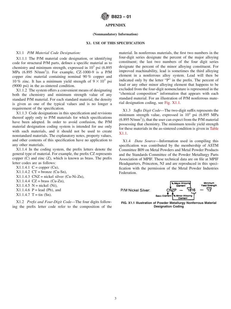 ASTM B823-01 - Standard Specification for Materials for Nonferrous Powder Metallurgy (P/M) Structural Parts