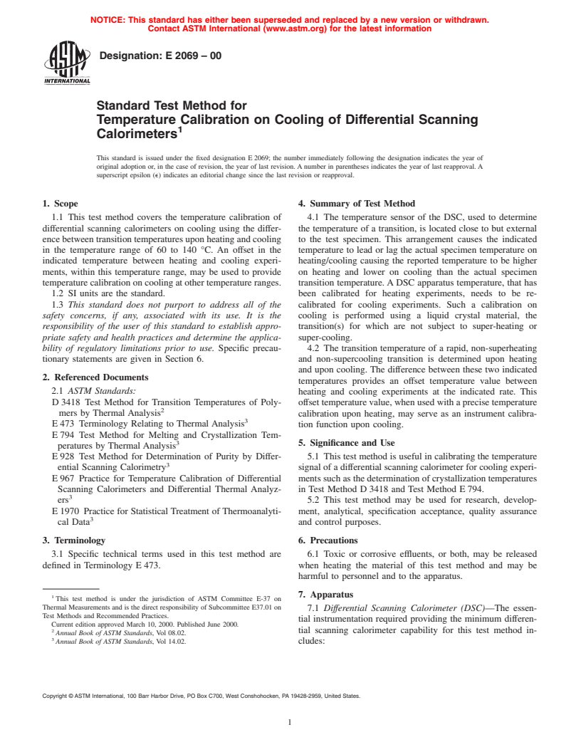 ASTM E2069-00 - Standard Test Method for Temperature Calibration on Cooling of Differential Scanning Calorimeters